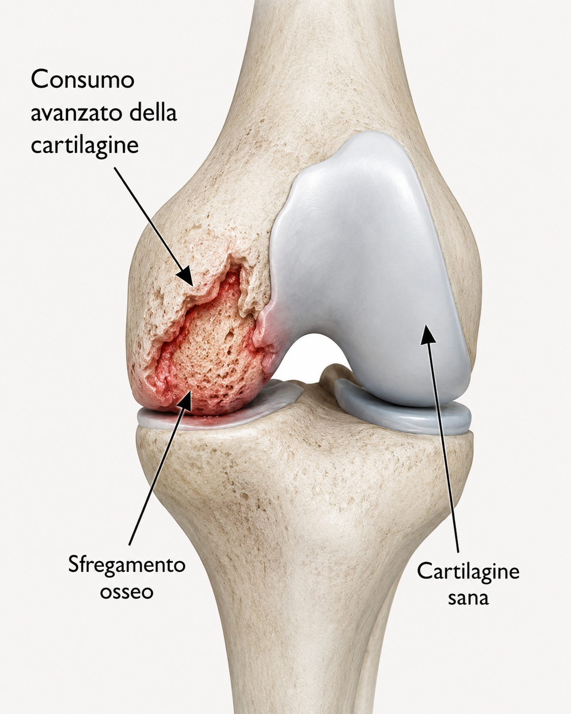 Illustrazione del consumo avanzato della cartilagine con sfregamento osseo e confronto con cartilagine sana