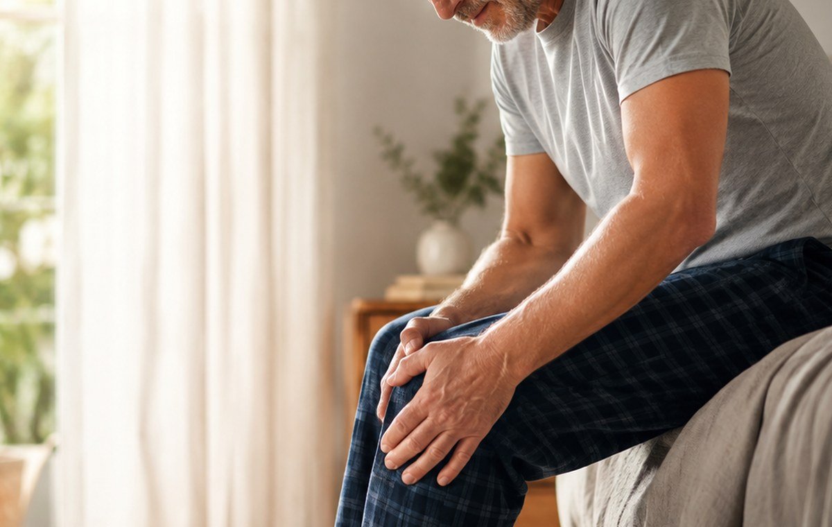 Uomo maturo con rigidità al ginocchio al risveglio